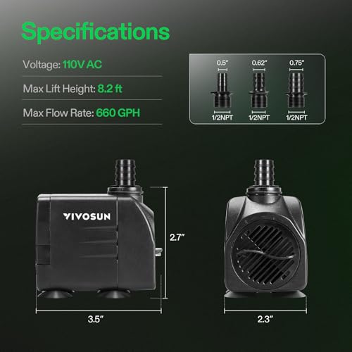 VIVOSUN 660GPH Submersible Water Pump, 2500L/H 35W aquarium pump, Ultra Quiet Fountain Pump with 8.2ft/2.5m High Lift for Fish Tank, Pond, Aquarium, Statuary, Hydroponics - Image 2