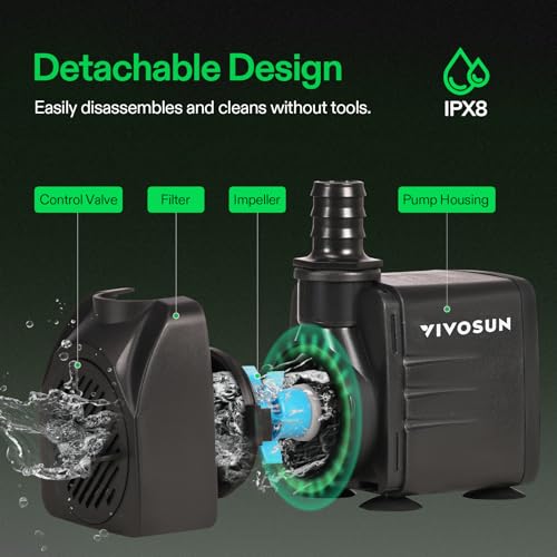 VIVOSUN 660GPH Submersible Water Pump, 2500L/H 35W aquarium pump, Ultra Quiet Fountain Pump with 8.2ft/2.5m High Lift for Fish Tank, Pond, Aquarium, Statuary, Hydroponics - Image 4