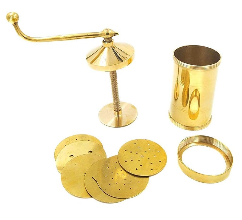 Whizzo Pure Brass 450gm Sev Sancha Machine with Free 6 Different Jali for Making Different Types of Sevaiya Sev Gathiya Murukku Chakli Bhujia Etc - Image 2