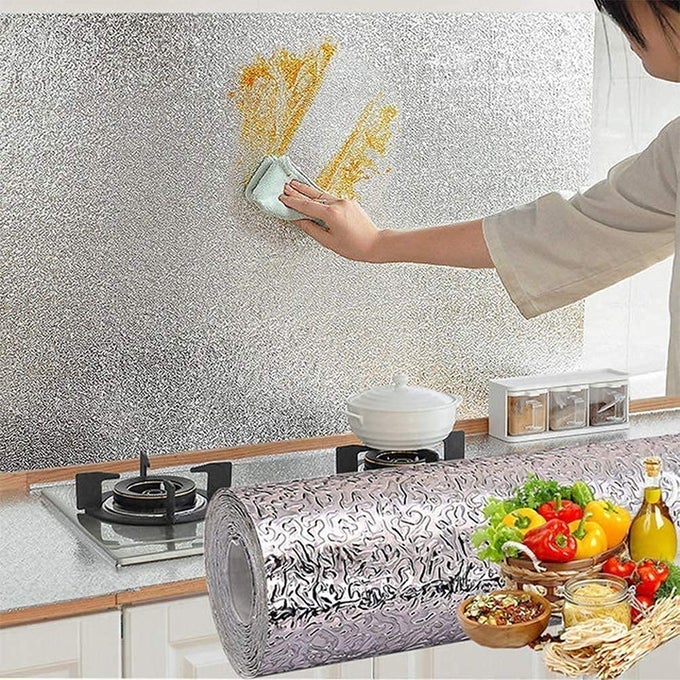 CHLORIDE OIL PROOF WATERPROOF ALUMINIUM FOIL KITCHEN BACKSPLASH SELFADHESIVE ANTIMOLD AND HEAT RESISTANT WALL STICKER FOR WALLS CABINETS DRAWERS AND SHELVES SILVER PACK OF 1