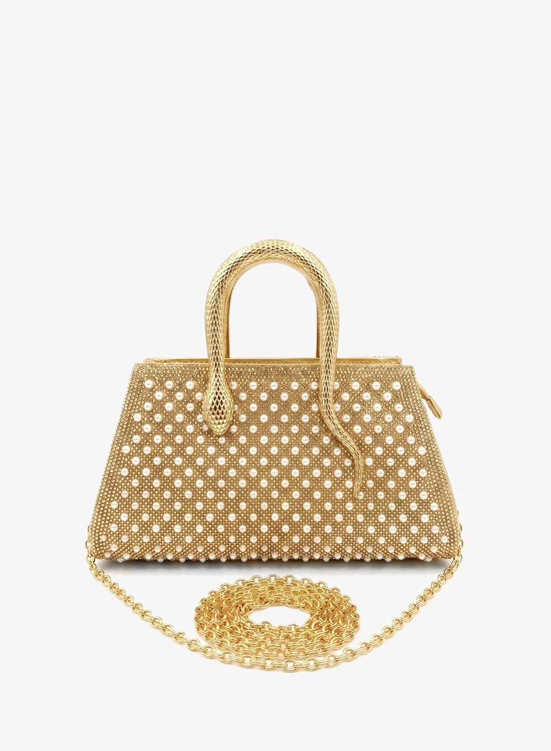 Viny Gold Viny Women's Luxury Rhinestone Shoulder Bag – Crystal Embellished with Snake Handle & Detachable Chain – Parties, Weddings & Formal Occasions for Women | Best Price UAE
