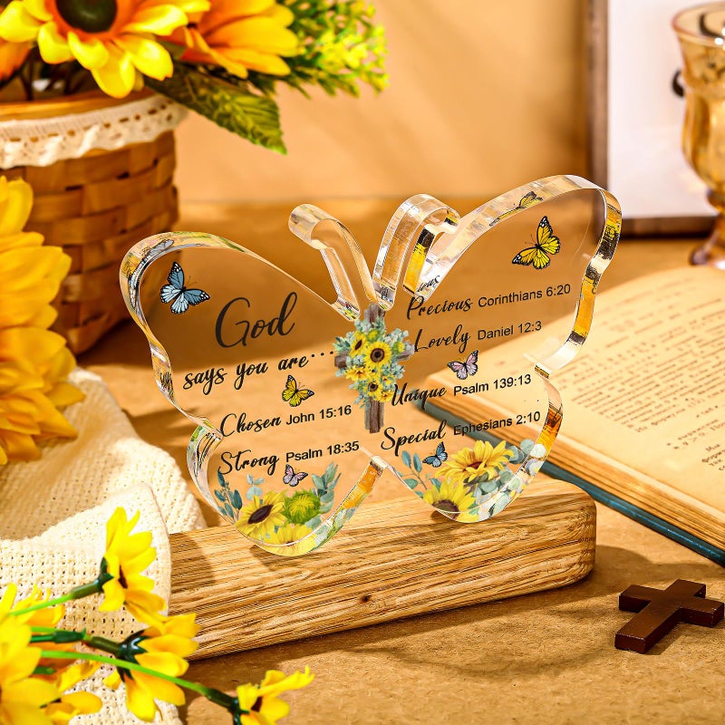 Barydat Christian Gifts Bible Verses Religious Sunflower Gifts for Women Men Butterfly Religious Catholic Scripture Faith Acrylic Prayer Decor for Mother Day Birthday Female Friend Family Coworker - Image 2