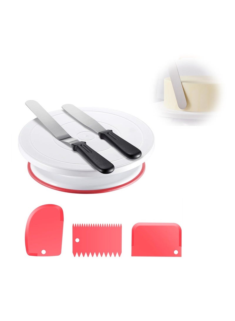 Y&D Cake Decorating Turntable, Baking Supplies Turntable with 2 Frosting Straight Angled Spatula 3 Icing Smoother Scrapers, Revolving Stand Pink - Image 1