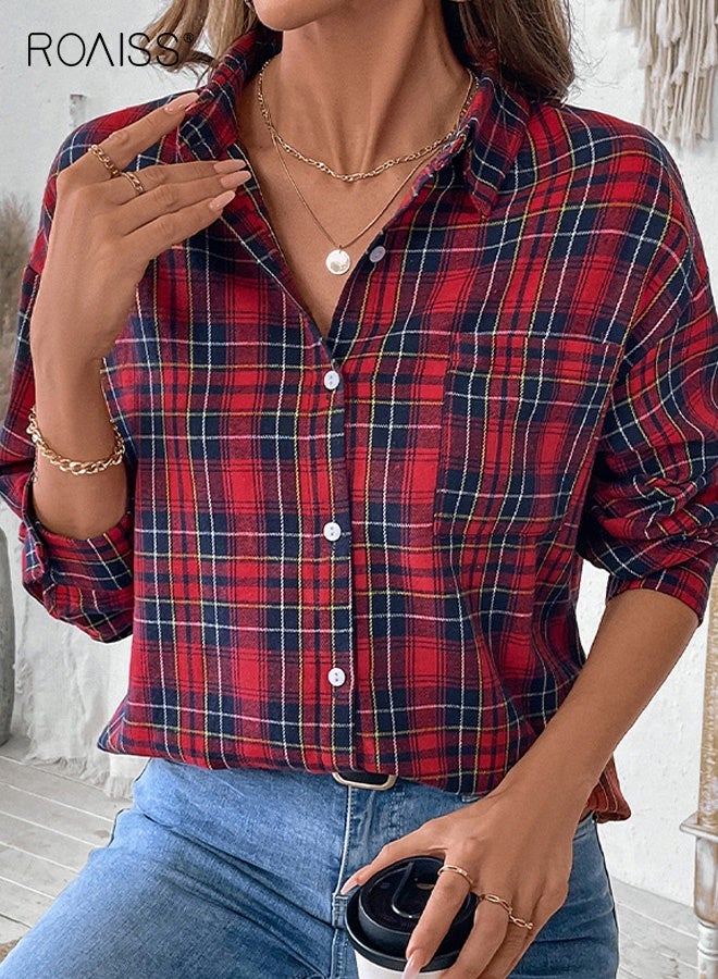roaiss Women's Oversized Plaid Shirt, Long-Sleeve Button Down Polyester Blouse for Casual Daily Regular Outfit,Red,M-XL - Image 2