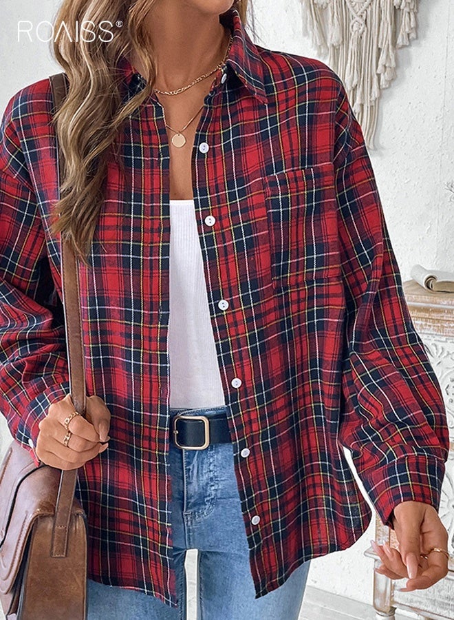 roaiss Women's Oversized Plaid Shirt, Long-Sleeve Button Down Polyester Blouse for Casual Daily Regular Outfit,Red,M-XL - Image 4