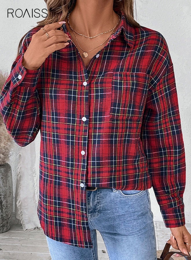 roaiss Women's Oversized Plaid Shirt, Long-Sleeve Button Down Polyester Blouse for Casual Daily Regular Outfit,Red,M-XL - Image 1