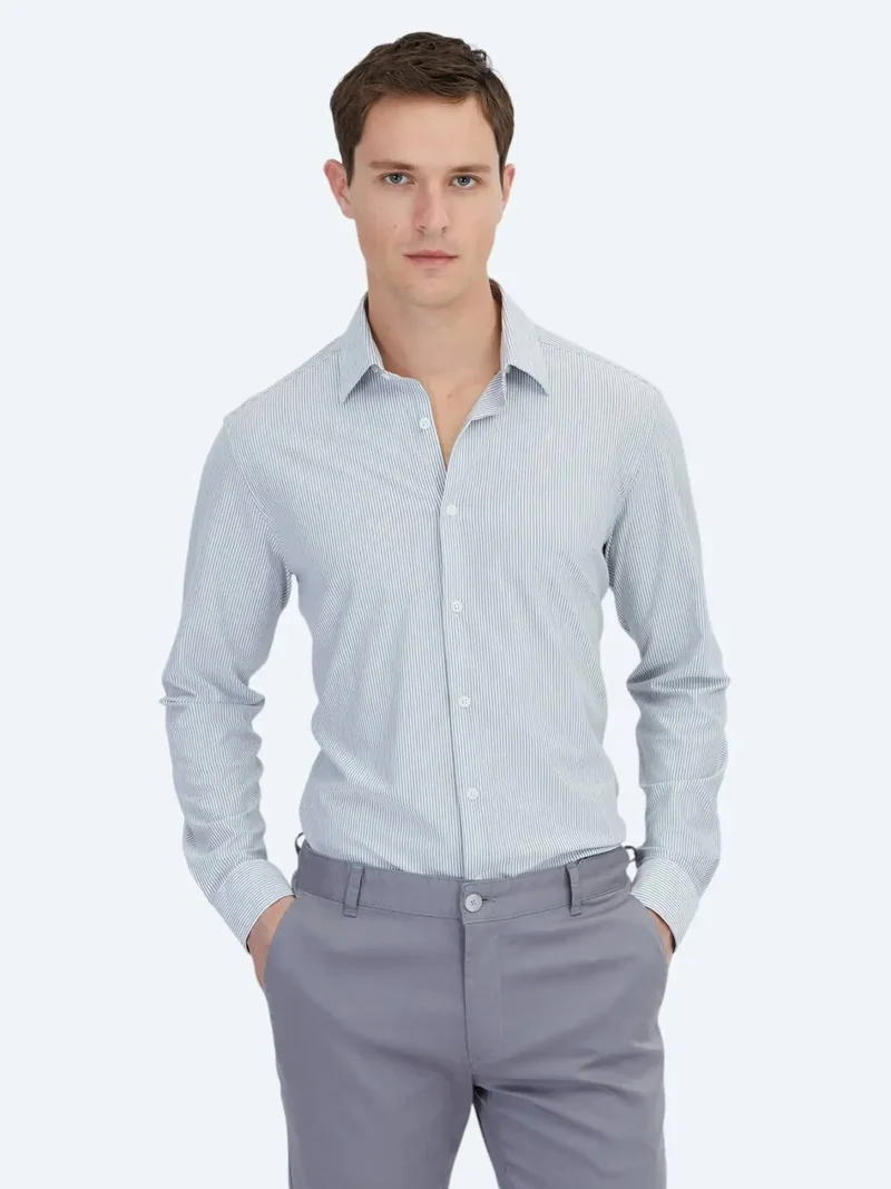 Kip Light Grey Striped Regular Fit Knitting Casual Cotton Blended Shirt