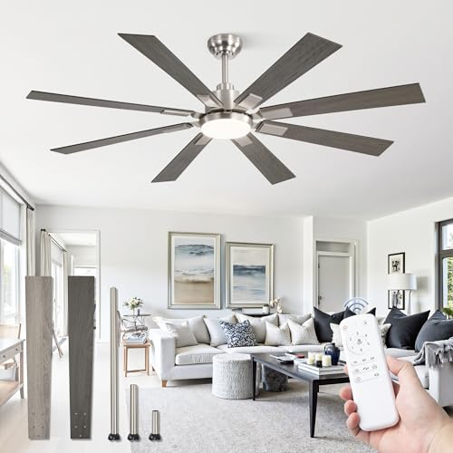 ZMISHIBO 62 inch Brushed Nickel Modern Ceiling Fan with Light and Remote, Indoor/Outdoor Industrial Ceiling Fan for Living Room Patio, 6 Speed Reversible Quiet DC Motor, 3 CCT, Dual Finish 8 Blades - Image 1