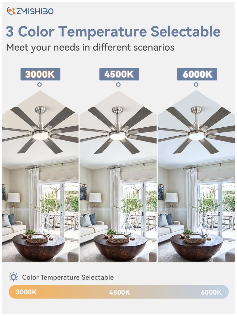ZMISHIBO 62 inch Brushed Nickel Modern Ceiling Fan with Light and Remote, Indoor/Outdoor Industrial Ceiling Fan for Living Room Patio, 6 Speed Reversible Quiet DC Motor, 3 CCT, Dual Finish 8 Blades - Image 3