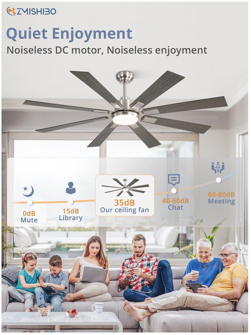 ZMISHIBO 62 inch Brushed Nickel Modern Ceiling Fan with Light and Remote, Indoor/Outdoor Industrial Ceiling Fan for Living Room Patio, 6 Speed Reversible Quiet DC Motor, 3 CCT, Dual Finish 8 Blades - Image 5