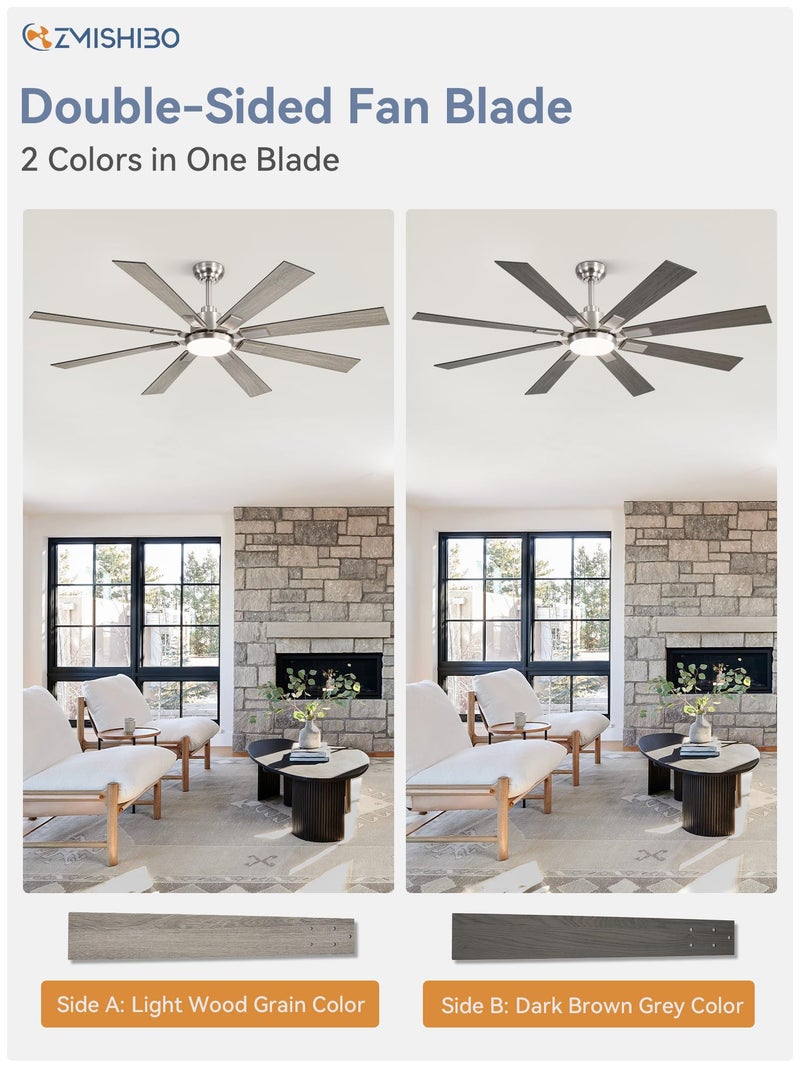 ZMISHIBO 62 inch Brushed Nickel Modern Ceiling Fan with Light and Remote, Indoor/Outdoor Industrial Ceiling Fan for Living Room Patio, 6 Speed Reversible Quiet DC Motor, 3 CCT, Dual Finish 8 Blades - Image 4