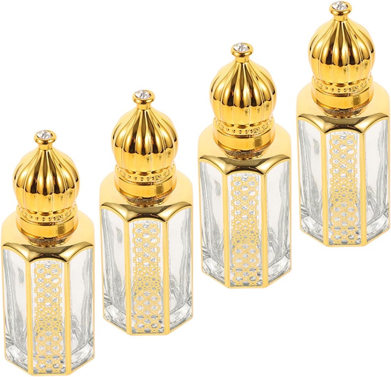هومويويو، 4 قطع، زجاجات عطر بحجم 12 مل، عبارة عن زجاجات دوارة محمولة للزيوت العطرية مزودة بغطاء ذهبي، مناسبة للاستخدام في العلاج بالعطور والتدليك أثناء السفر. - Image 1