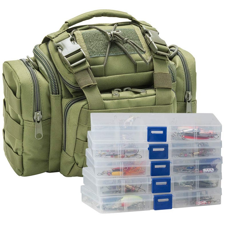 DrFish Fishing Tackle Bag 5 Boxes with 60 Lures Kit Included Complete Freshwater Bass Stocked Backpack Organizer Equipment Gear Green
