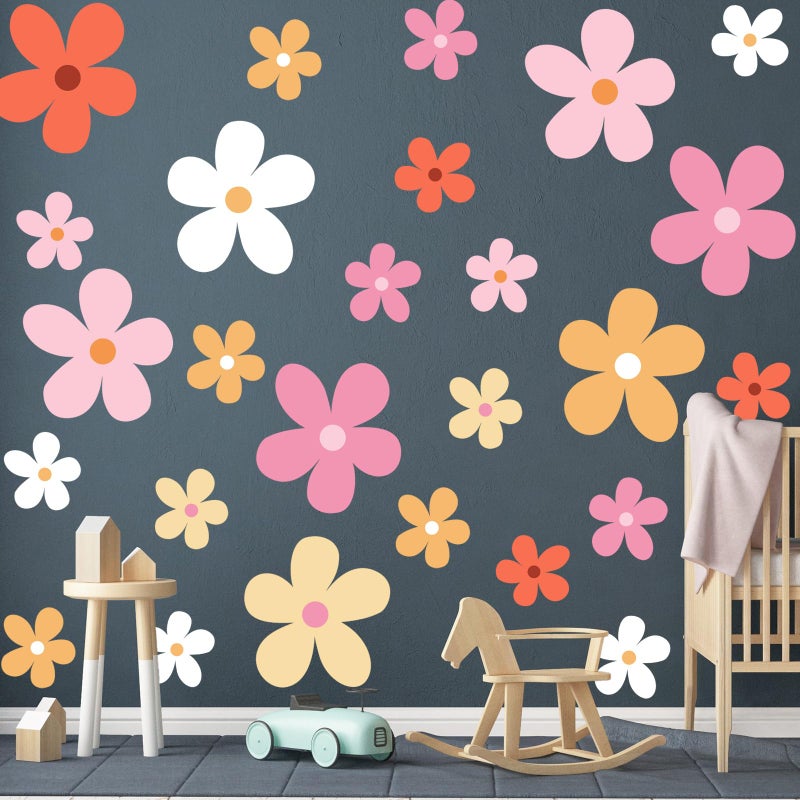 TaoBary 12 Sheets Daisy Wall Decal Flower Wall Sticker Cute Daisy Sticker Pink White Flower Decal Peel and Stick Floral Wallpaper for Nursery Bedroom Home DecorBright ColorElegant Style