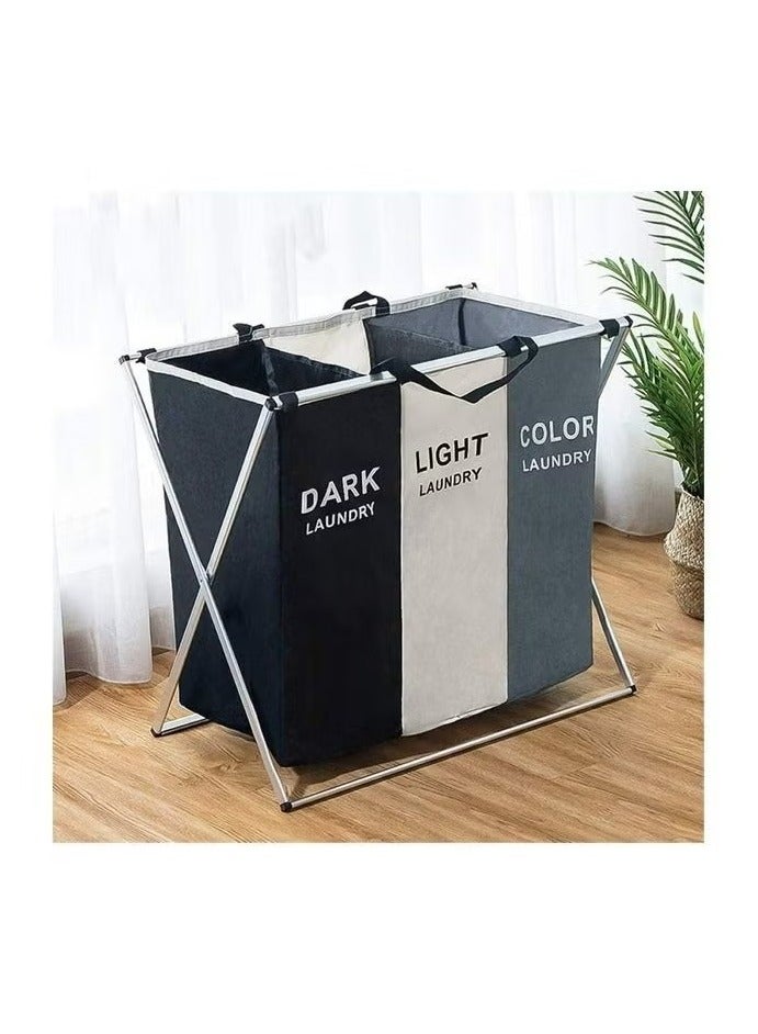 LIMOS Laundry Basket Clothes Hamper 135L 3 Sections Clothe Sorter Bin,Foldable Waterproof Organizer Bag with Aluminum Frame,Washing Storage, black/white/Grey, Large - Image 1