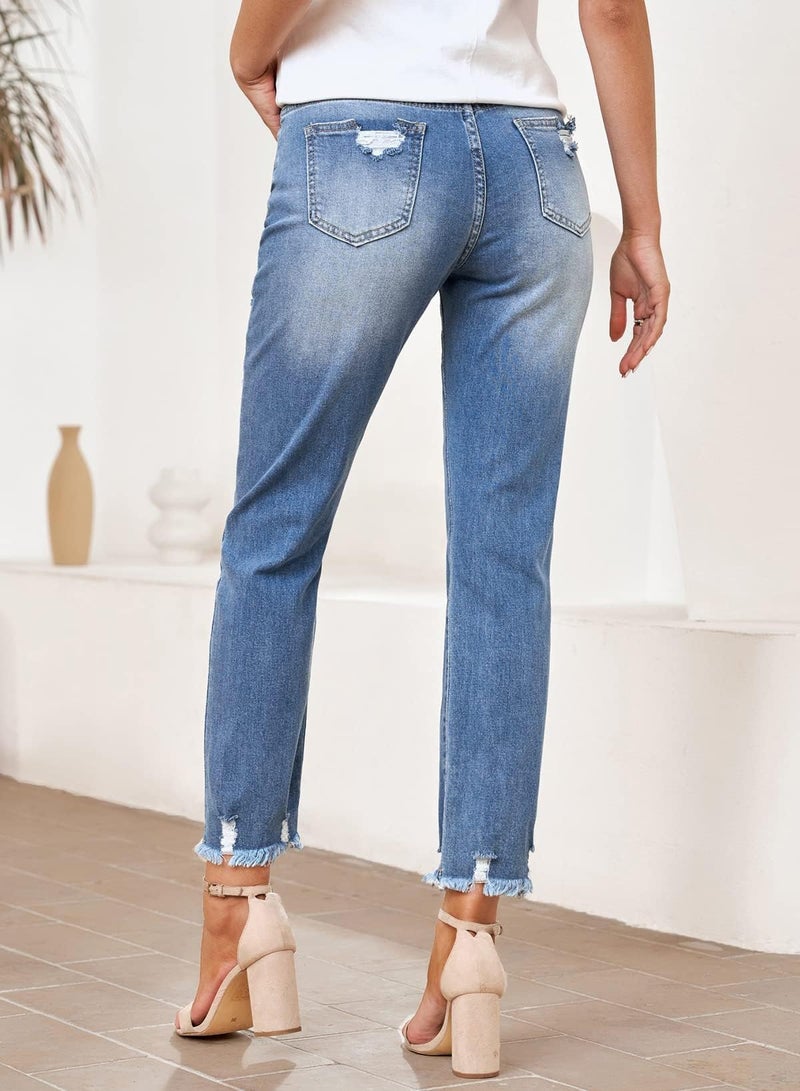EVALESS Womens Jeans Stretchy High Waisted Pull On Ripped Distressed Jean Tummy Control Straight Ankle Denim Pants Sky Blue Size 6 - Image 4
