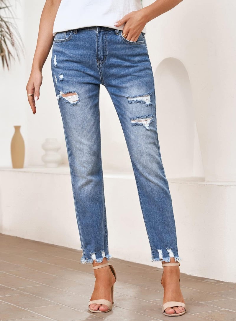 EVALESS Womens Jeans Stretchy High Waisted Pull On Ripped Distressed Jean Tummy Control Straight Ankle Denim Pants Sky Blue Size 6 - Image 2