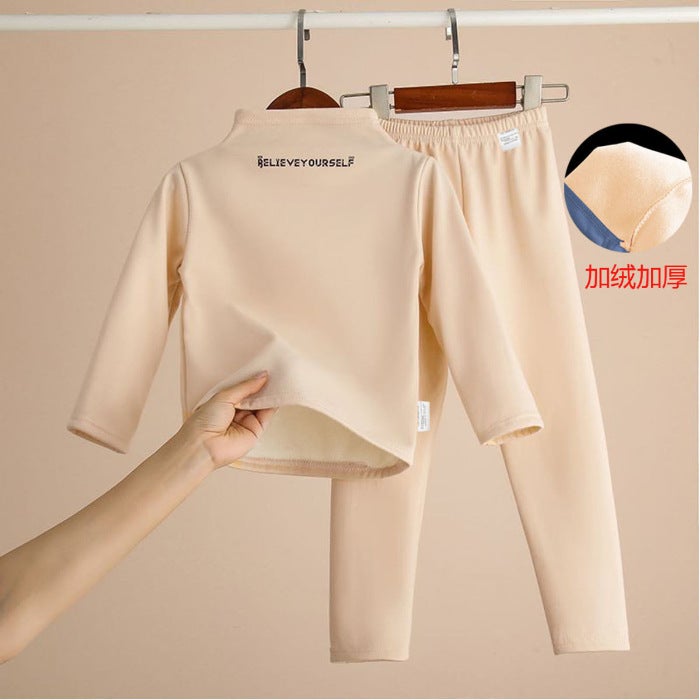 Childrens fleece-lined thickened turtleneck bottoming shirt suit winter boys and girls long johns underwear suit baby middle and big children Apricot suit