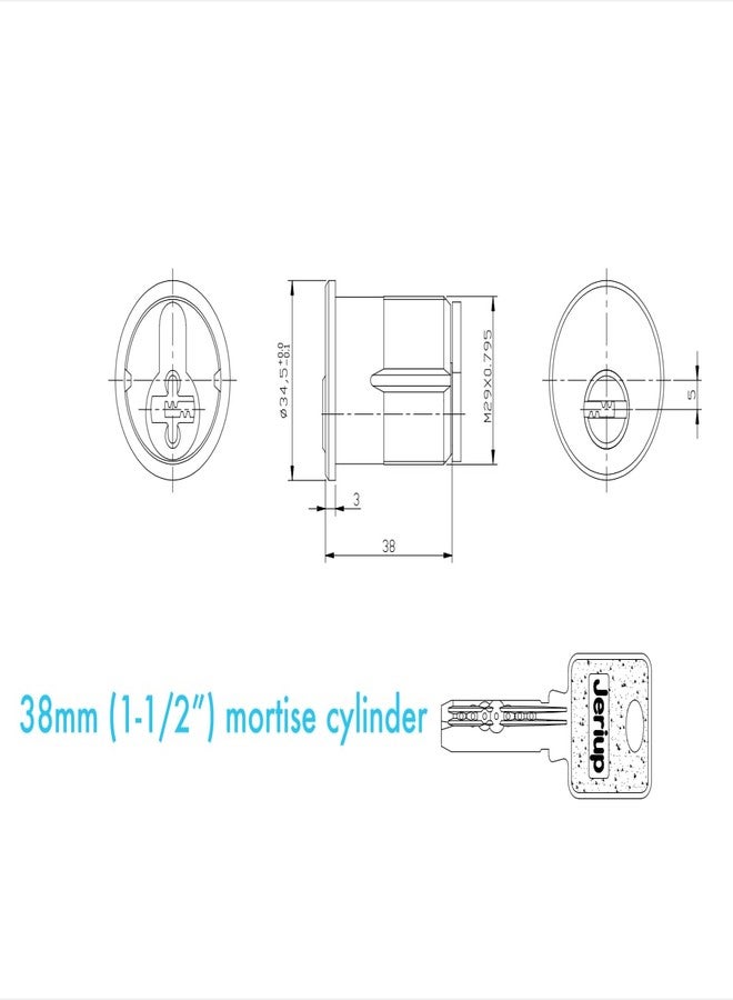 Jeriup Mortise Cylinder Lock,1-1/2"(Overall Length: 38mm), Satin Nickle (Silver), Mortise Cylinder, Lock core, dimple Keyway, Standard Outdoor & Indoor Use, Door Replacement Cylinder Lock with 5 Keys - Image 2