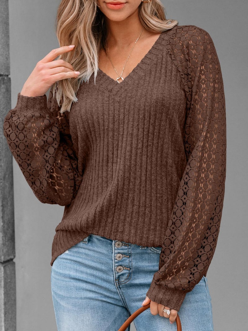 AUTOMET Women Summer Tops Spring Fashion 2026 Lace Long Sleeve Shirts Fall Sweaters Dressy Casual Tunic Blouse Work Clothing Chocolate Brown L - Image 3