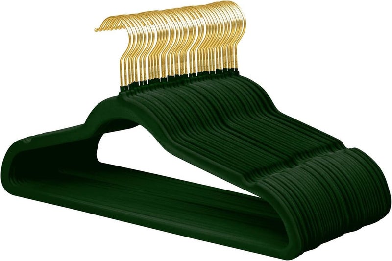 ManGotree 10 Pack Ultra-Thin 44.5 cm Green Gold Hook Velvet Hangers - Non-Slip Felt Clothes Hangers with 360° Swivel Hook - Image 1