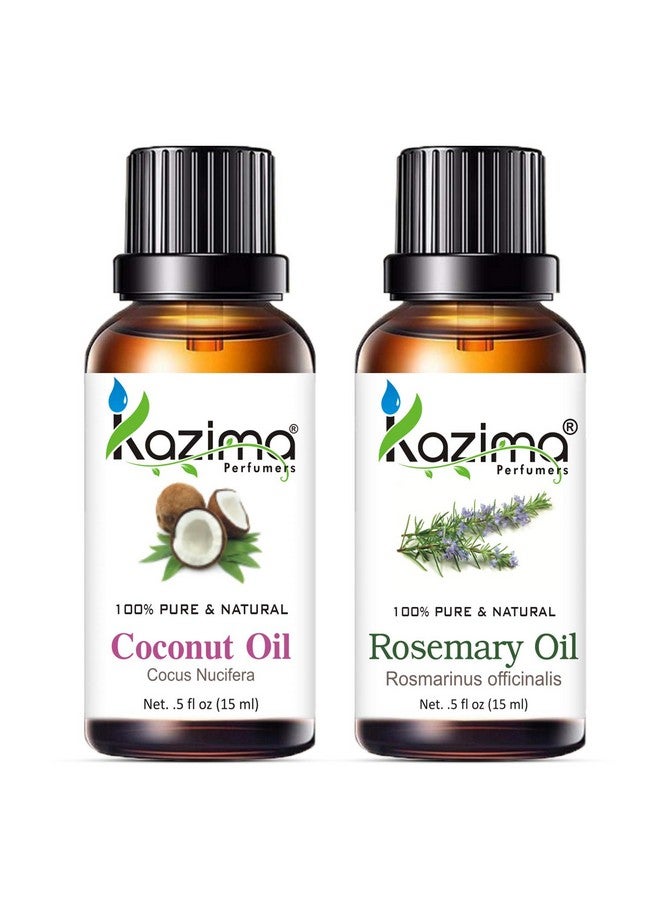 KAZIMA مجموعة من زيت جوز الهند وزيت إكليل الجبل 100% زيت نقي وطبيعي لنمو الشعر والوجه وقشرة الرأس 15 مل لكل منهما - Image 1