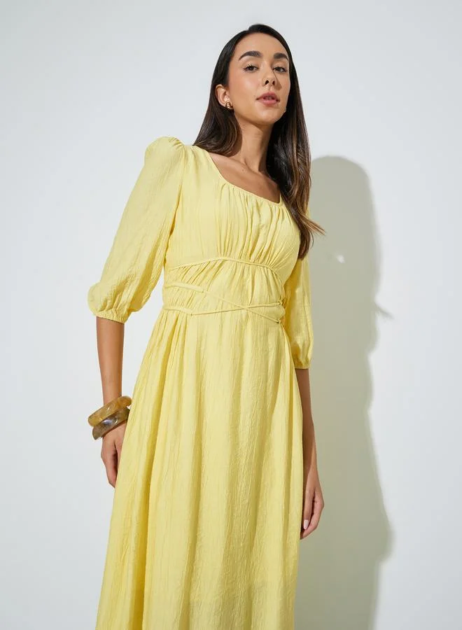 ستايلي Yellow Solid 3/4 Cuffed Sleeves A-Line Midi Dress