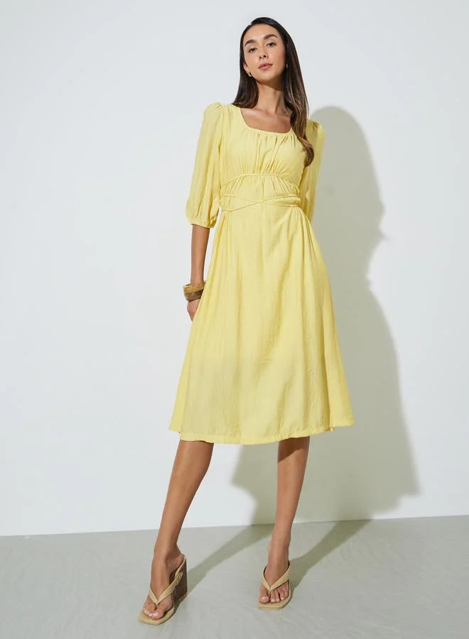 ستايلي Yellow Solid 3/4 Cuffed Sleeves A-Line Midi Dress