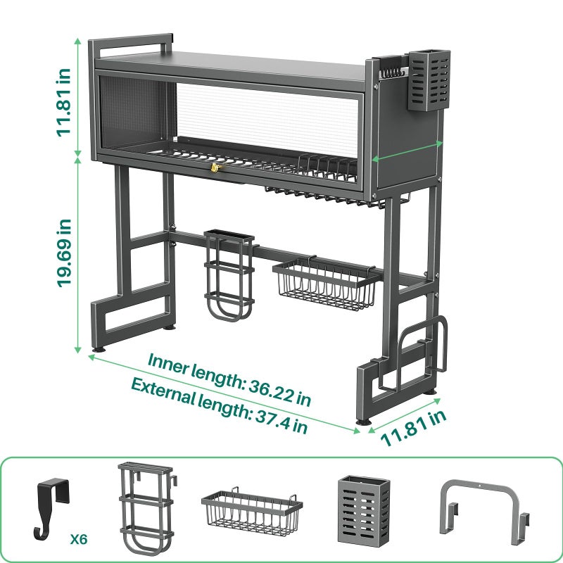 CUISIBOT Over The Sink Dish Drying Rack with Cover, Over The Sink Dish Drainer Drying Rack 3 Tier Dish Rack, Keep Kitchen Sink Shlef Organized Space-Saving for Dishes and Cutlery (Matte Gray, 37.4" Length) - Image 5