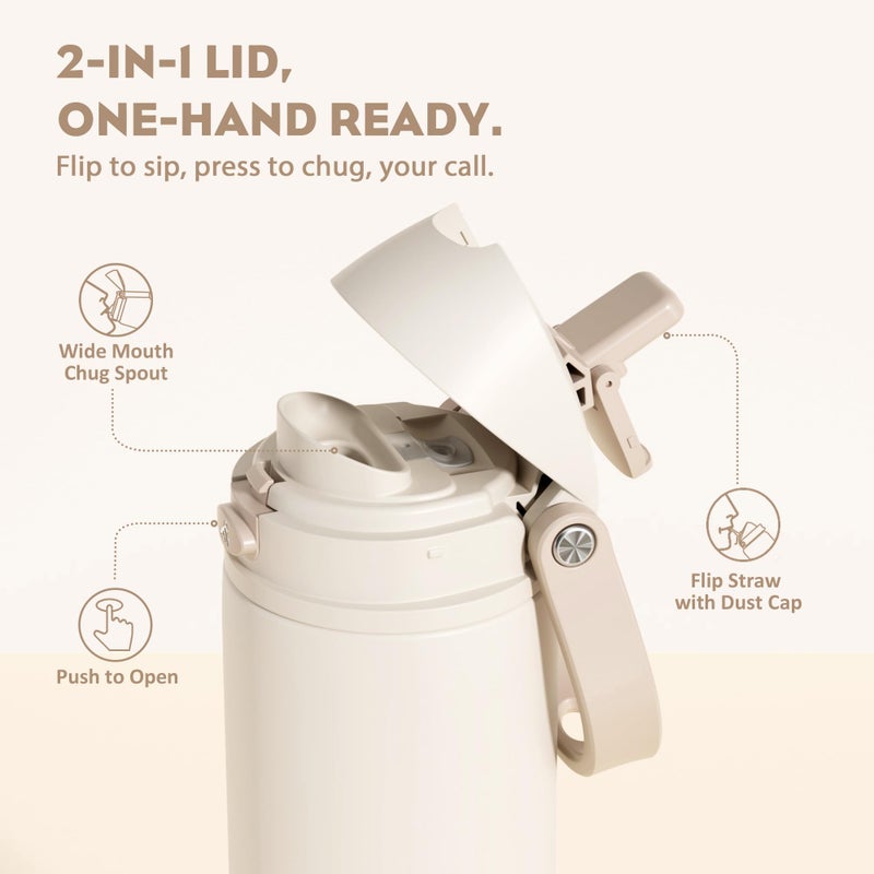 POWCAN 24 oz Insulated Water Bottle: 2-in-1 Push-Button Spout & Quick-Flip Straw, Leakproof, Cold 24Hrs, Fits Car Cup Holder, Stainless Steel Water Bottle for Sports, Travel, School, Gift (Oat Mousse) - Image 2