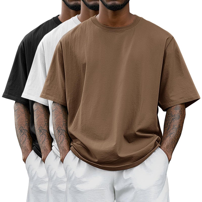Riyiper 3 Pack Mens Big and Tall Shirts Half Sleeve Cotton Tee Crew Neck Elbow Length Top Casual Loose Fit T ShirtsBlack White Khaki5XL
