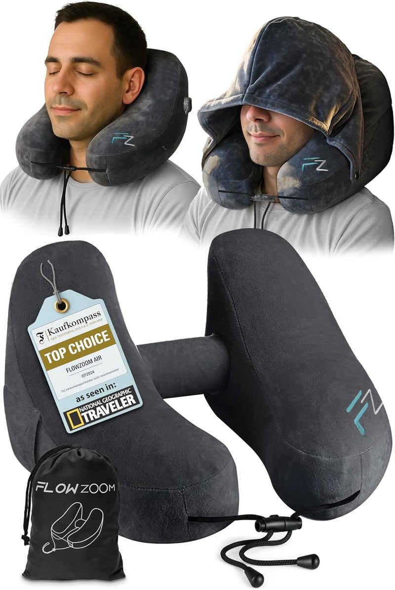 FLOWZOOM Air Inflatable Neck Pillow for Traveling on Plane - H-Shape Hooded Airplane Pillow with 5 Snooze Modes, Fast Inflation, Pressure Control, Cozy Clip-On Hood & Plushy Cover - Size L, Jet Black - Image 1