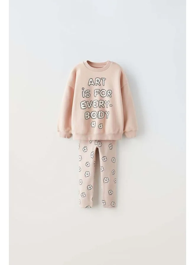 Magu Girls' Cotton Powder Pink Slogan-Print Sweatshirt and Floral Pattern Leggings Set