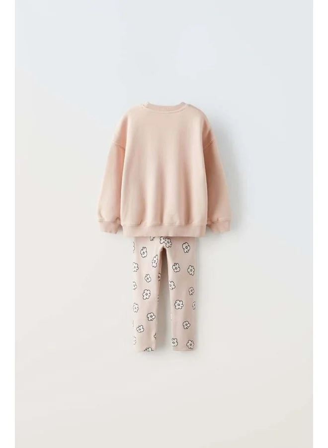 Magu Girls' Cotton Powder Pink Slogan-Print Sweatshirt and Floral Pattern Leggings Set