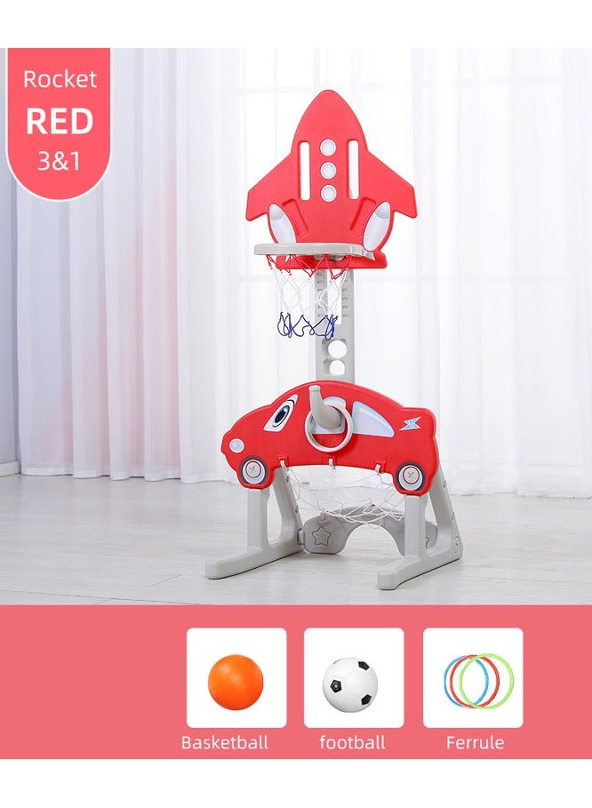 FULL JOY 3*1 Multifunctional Rocket-Shape Basketball Set Combines Basketball Game, Football Game, and Ring Toss Game ,Red  - Image 1