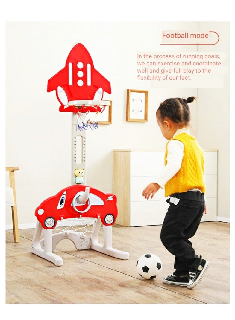 FULL JOY 3*1 Multifunctional Rocket-Shape Basketball Set Combines Basketball Game, Football Game, and Ring Toss Game ,Red  - Image 2
