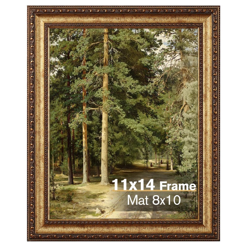 Splinterix 11x14 Gold Picture Frame, Ornate Vintage Picture Frames for Wall or Tabletop Display, 11 x 14 Photo Frame Gold with Real Glass, Display Poster 8x10 with Mat or 11x14 without Mat for Antique DÃ©co - Image 1