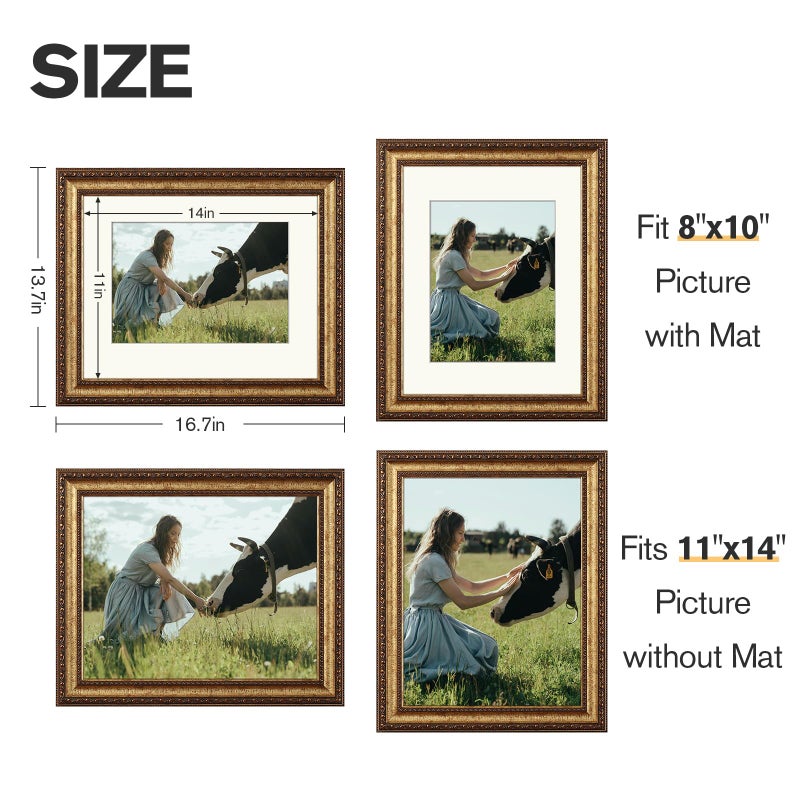 Splinterix 11x14 Gold Picture Frame, Ornate Vintage Picture Frames for Wall or Tabletop Display, 11 x 14 Photo Frame Gold with Real Glass, Display Poster 8x10 with Mat or 11x14 without Mat for Antique DÃ©co - Image 4