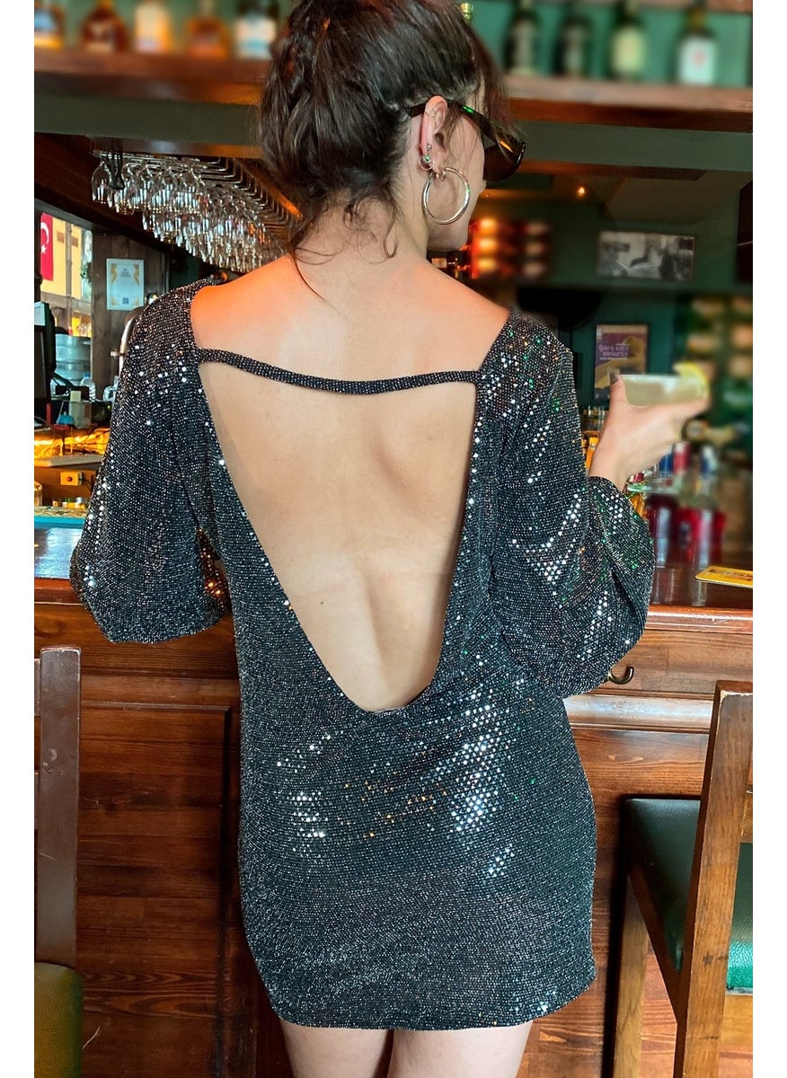 Due Stelle Women's Deep Back Low Neck Short Shiny Evening Dress - Party Dress  - Image 3