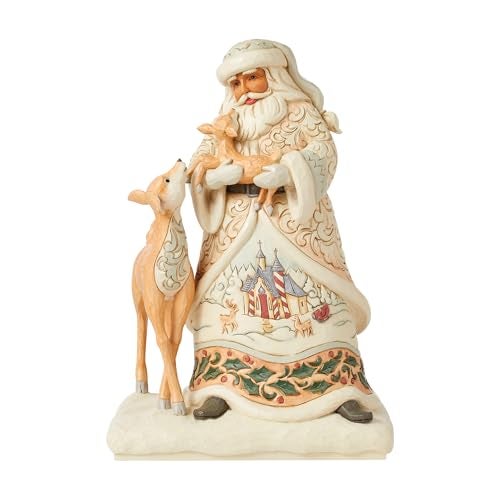 Enesco Jim Shore Heartwood Creek White Woodland Santa Holding a Fawn Figurine Stone Resin Hand Painted Crafted Collectible Santa Figurines Christmas Home Decor Statue 1063 Inch - Image 1