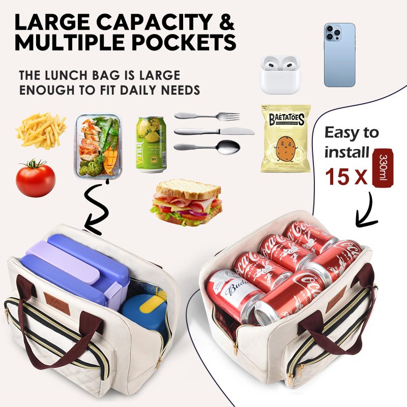 Genteen Lunch box for Women, Insulated Tote LunchBox for Adult Men Reusable Lunch Box with Front Pocket for Work, Picnic or Travel-15 Cans/14 Liters- white - Image 4