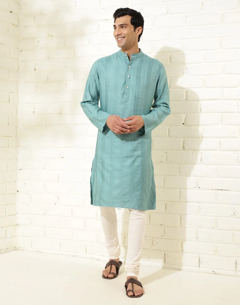 Fabindia Blue Viscose Blend Dobby Slim Fit Long Kurta