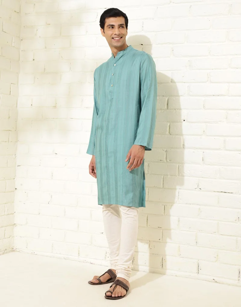 Fabindia Blue Viscose Blend Dobby Slim Fit Long Kurta