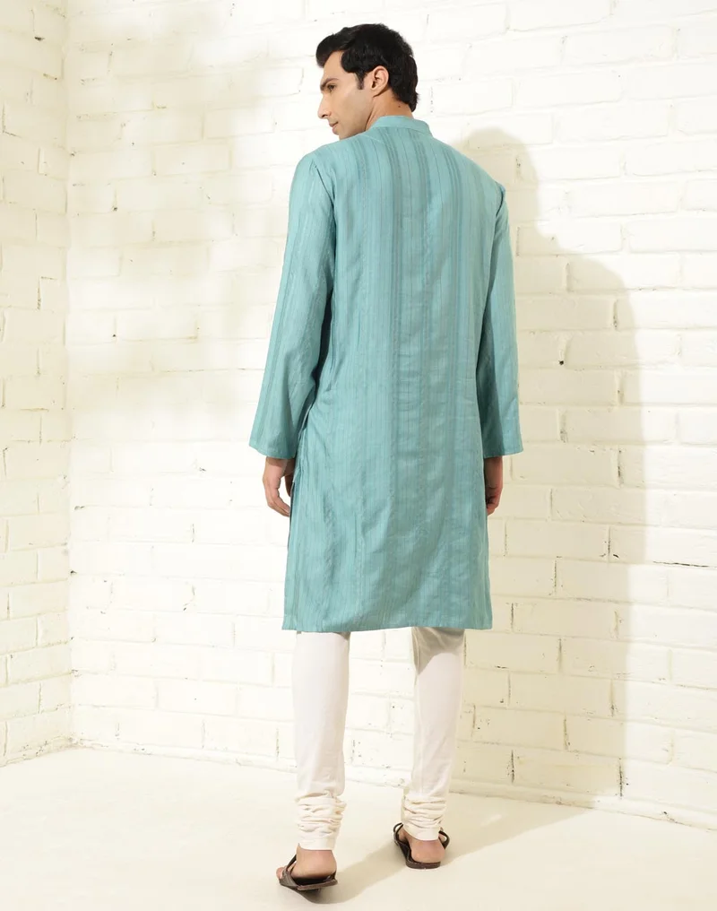 Fabindia Blue Viscose Blend Dobby Slim Fit Long Kurta
