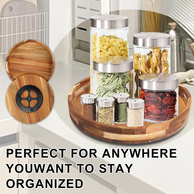 Sholramo Acacia Wooden Lazy Susan for Table Top-12 Inch Wooden Lazy Susan Turntable with Double Handle-Large Acacia Wooden-Spice Organizer for Countertop, Table, Cabinet - Image 3