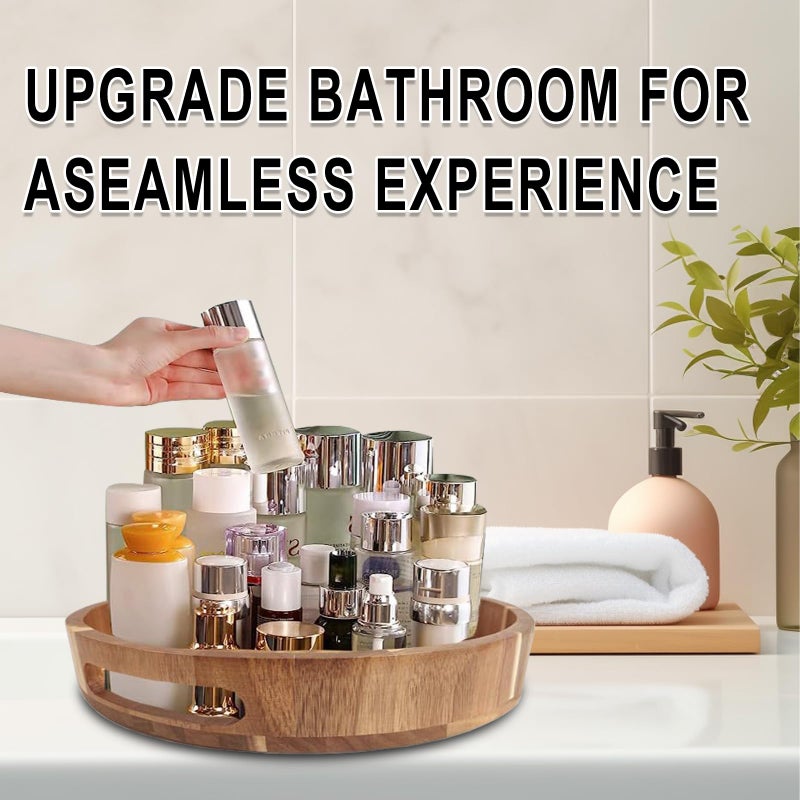 Sholramo Acacia Wooden Lazy Susan for Table Top-12 Inch Wooden Lazy Susan Turntable with Double Handle-Large Acacia Wooden-Spice Organizer for Countertop, Table, Cabinet - Image 4