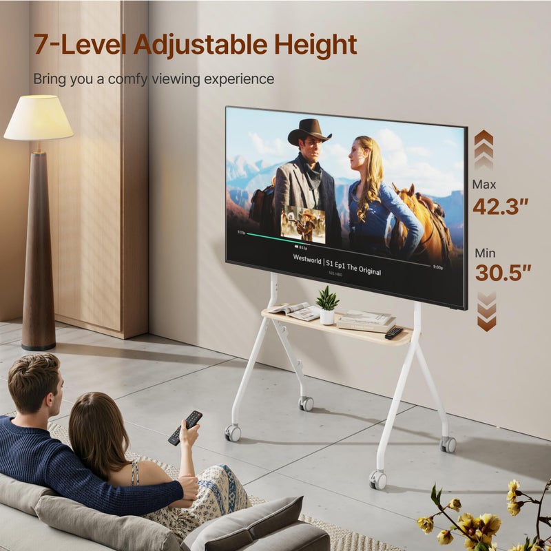 ECOTINY Easel Rolling TV Stand for 49-80 Inch TV Screen up to 110 LBS, Portable TV Stand with Wheels, Rolling TV Cart for Business, Office, School, Home, White - Image 3
