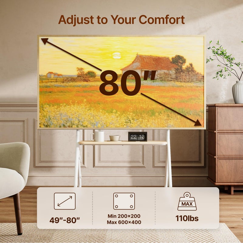 ECOTINY Easel Rolling TV Stand for 49-80 Inch TV Screen up to 110 LBS, Portable TV Stand with Wheels, Rolling TV Cart for Business, Office, School, Home, White - Image 2