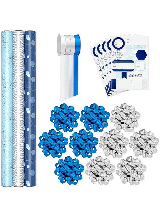Hallmark Blue And Silver Wrapping Paper Set (3 Rolls 90 Sq. Ft. Ttl 10 Bows Ribbon Gift Tag Stickers) For Birthdays Hanukkah Father'S Day Graduations Weddings - Image 1