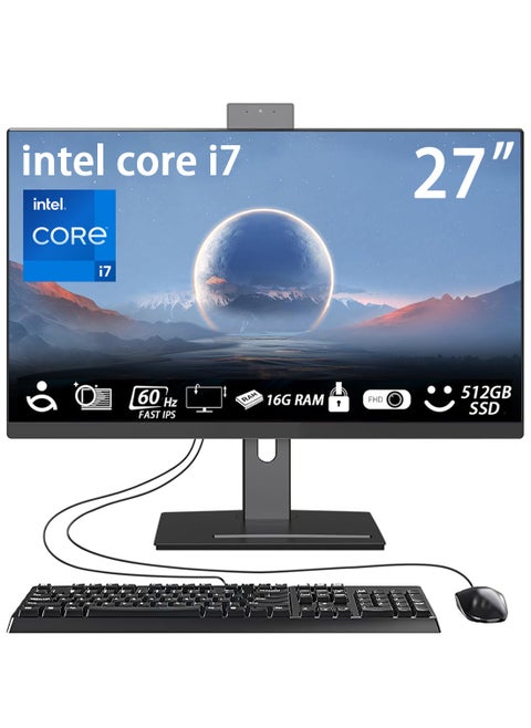 27” IPS FHD All-in-One PC: Intel Core i7-7700, 16GB DDR4, 512G SSD, WiFi, Retractable Webcam Adjustable Stand, Keyboard & Mouse, Windows 11 Home